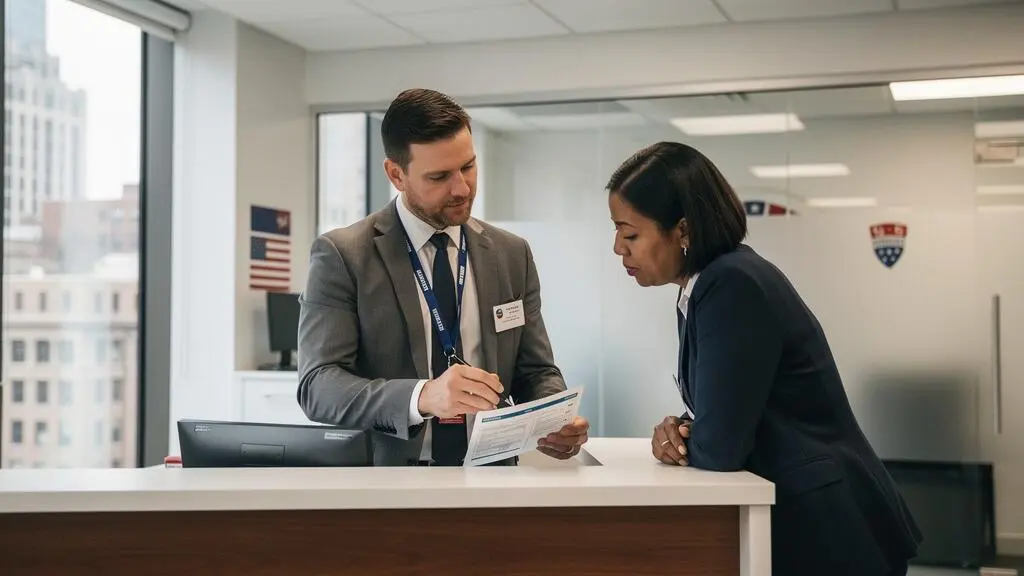 Conseiller en prêts hypothécaires expliquant des options de financement à un client dans un bureau professionnel américain