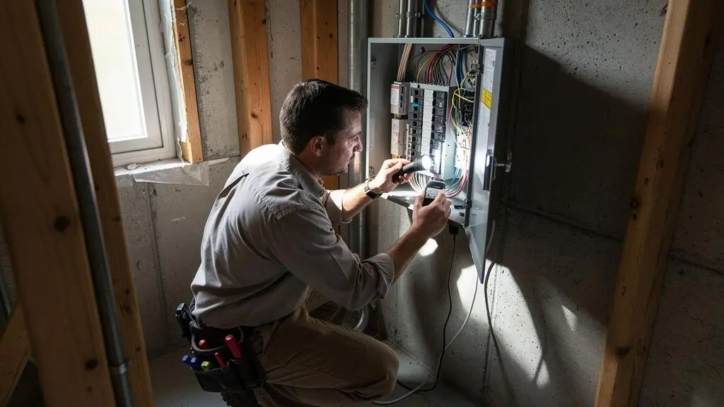 Inspecteur professionnel effectuant une inspection technique détaillée dans une propriété résidentielle américaine
