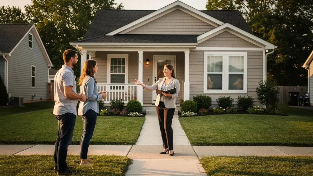 Agent immobilier présentant une maison résidentielle américaine à des acheteurs potentiels lors d'une visite extérieure